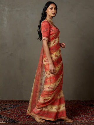 Ri.Ritu Kumar-Peach Mukesh Dahlia Sari And Unstitched Blouse-INDIASPOPUP.COM