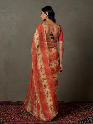 Ri.Ritu Kumar-Peach Mukesh Dahlia Sari And Unstitched Blouse-INDIASPOPUP.COM