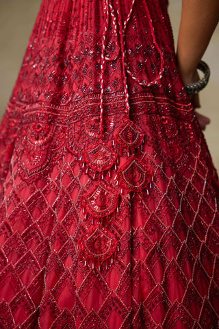 Scarlet red silk organza lehenga set