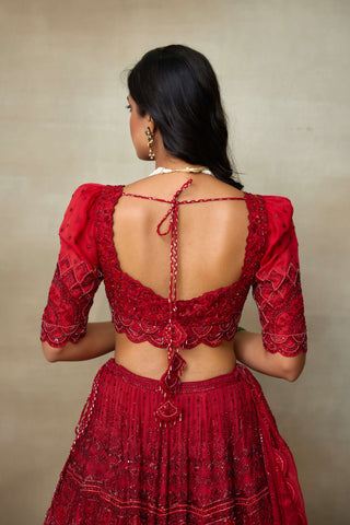 Scarlet red silk organza lehenga set