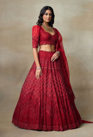 Scarlet red silk organza lehenga set