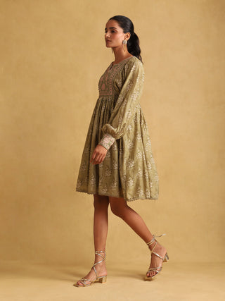 Ritu Kumar-Green Printed Viscose Dress-INDIASPOPUP.COM