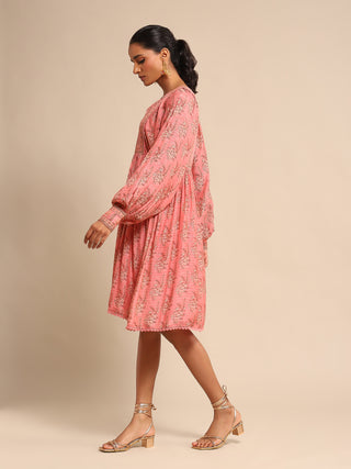 Ritu Kumar-Pink Printed Viscose Dress-INDIASPOPUP.COM