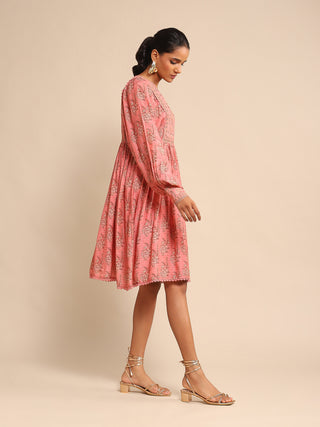 Ritu Kumar-Pink Printed Viscose Dress-INDIASPOPUP.COM