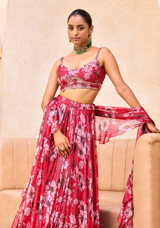 Sanya Gulati-Red Floral Print Lehenga Set-INDIASPOPUP.COM