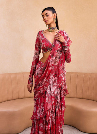 Sanya Gulati-Red Floral Print Ruffle Sari And Blouse-INDIASPOPUP.COM