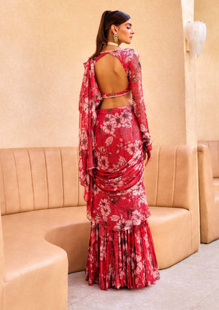 Sanya Gulati-Red Floral Print Ruffle Sari And Blouse-INDIASPOPUP.COM