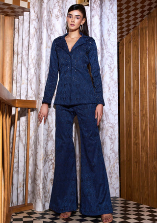 Sanya Gulati-Blue Jacquard Jacket And Pant Set-INDIASPOPUP.COM