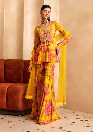 Sanya Gulati-Yellow Floral Print A-Line Kurta And Sharara Set-INDIASPOPUP.COM