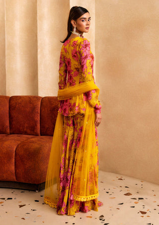 Sanya Gulati-Yellow Floral Print A-Line Kurta And Sharara Set-INDIASPOPUP.COM