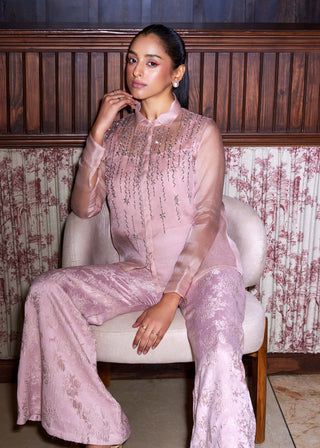 Sanya Gulati-Pink Organza Shirt And Jacquard Pants-INDIASPOPUP.COM