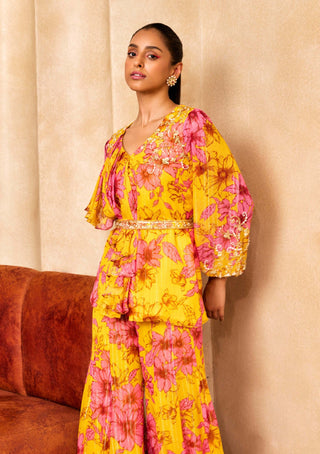 Sanya Gulati-Yellow Floral Print Kurta And Sharara Set-INDIASPOPUP.COM