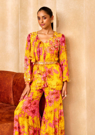 Sanya Gulati-Yellow Floral Print Kurta And Sharara Set-INDIASPOPUP.COM