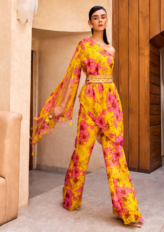 Sanya Gulati-Yellow Floral Print One Shoulder Kurta And Pant Set-INDIASPOPUP.COM