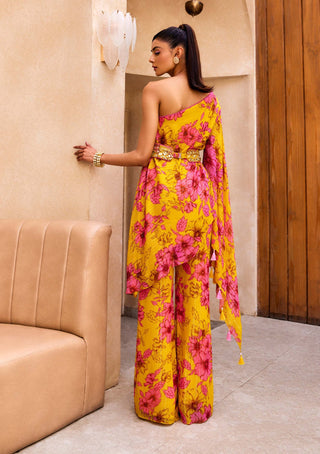 Sanya Gulati-Yellow Floral Print One Shoulder Kurta And Pant Set-INDIASPOPUP.COM