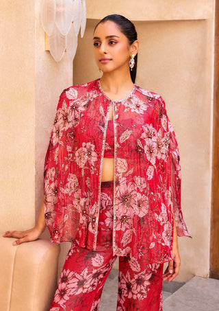Sanya Gulati-Red Floral Print Cape And Pant Set-INDIASPOPUP.COM