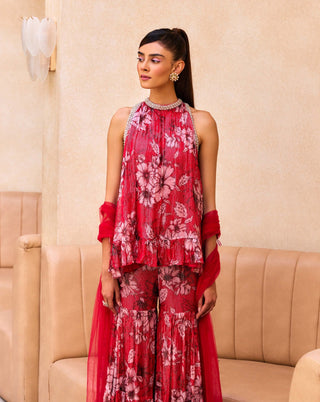 Sanya Gulati-Red Print Ruffle Tunic And Sharara Set-INDIASPOPUP.COM