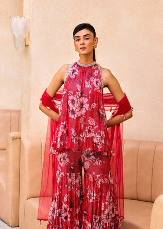 Sanya Gulati-Red Print Ruffle Tunic And Sharara Set-INDIASPOPUP.COM
