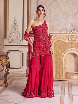 Magenta one-shoulder kurta and flared pant set