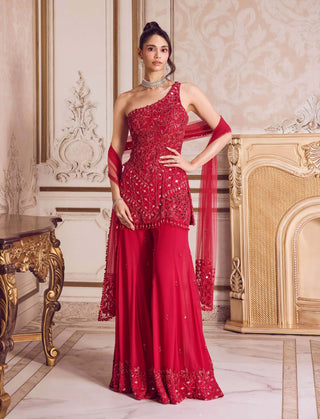 Magenta one-shoulder kurta and flared pant set