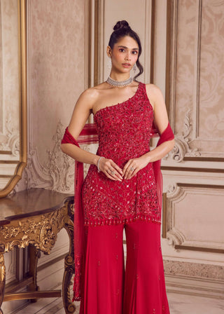 Magenta one-shoulder kurta and flared pant set