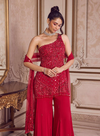 Magenta one-shoulder kurta and flared pant set