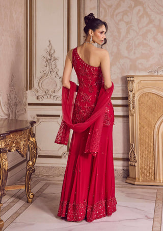 Magenta one-shoulder kurta and flared pant set