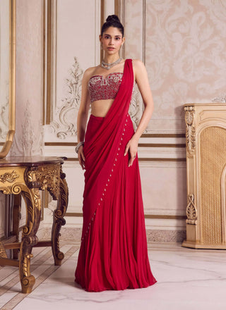 Magenta draped chiffon sari and corset