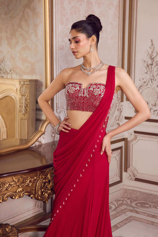 Magenta draped chiffon sari and corset