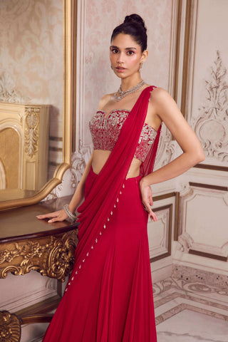 Magenta draped chiffon sari and corset