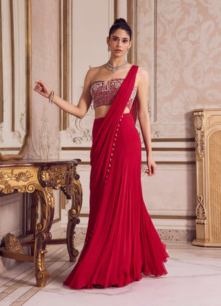 Magenta draped chiffon sari and corset