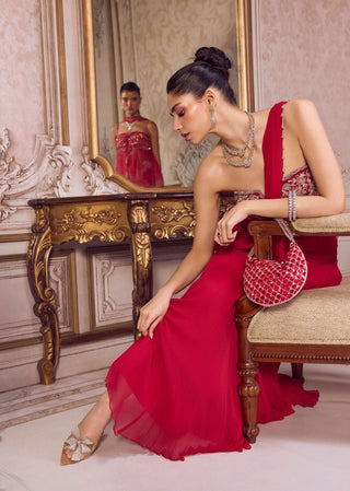 Magenta draped chiffon sari and corset