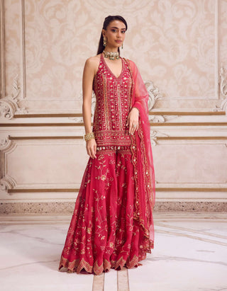Magenta halter neck kurta and sharara set