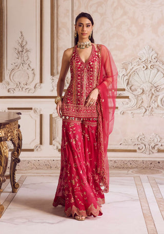 Magenta halter neck kurta and sharara set