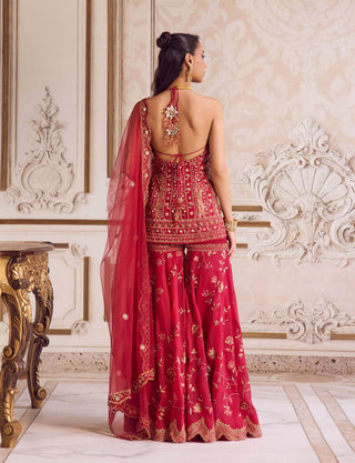 Magenta halter neck kurta and sharara set