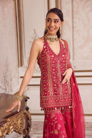 Magenta halter neck kurta and sharara set