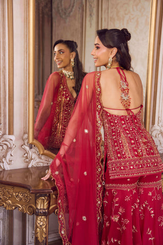 Magenta halter neck kurta and sharara set