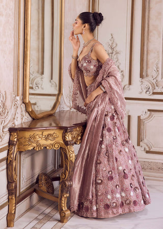 Champagne rose silk organza lehenga set