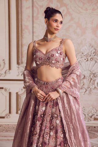 Champagne rose silk organza lehenga set