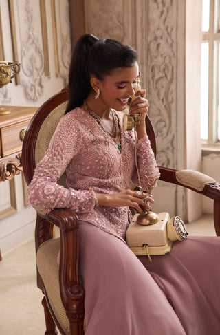 Champagne rose peplum and flared pants