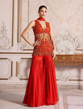 Rust cut-work peplum and sharara set