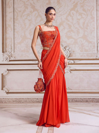 Rust pre-draped sari and corset