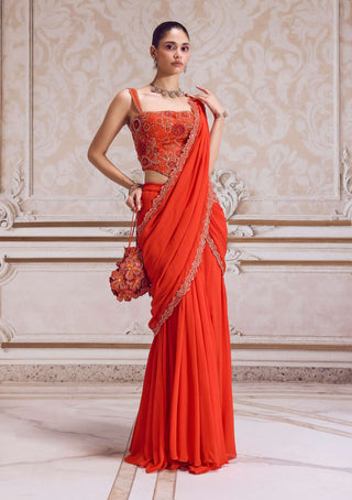 Rust pre-draped sari and corset