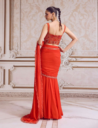 Rust pre-draped sari and corset