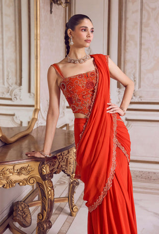 Rust pre-draped sari and corset
