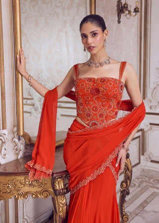 Rust pre-draped sari and corset