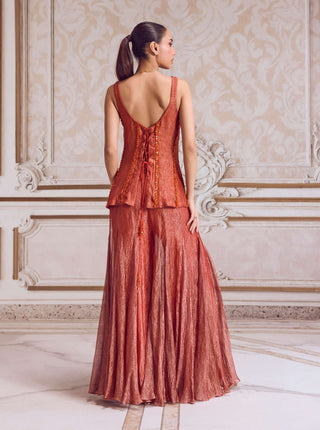 Rust crushed tissue corset and sharara set