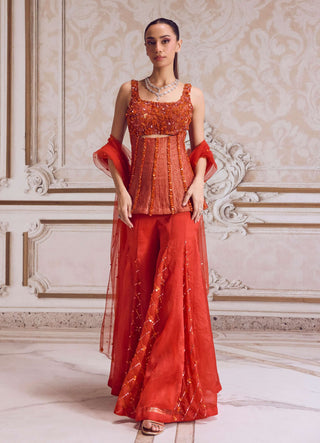 Rust crushed tissue corset and organza sharara set