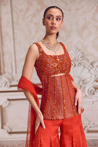 Rust crushed tissue corset and organza sharara set