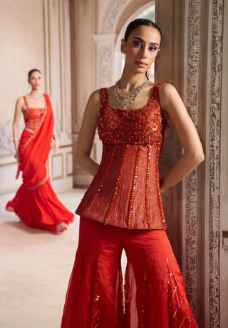 Rust crushed tissue corset and organza sharara set